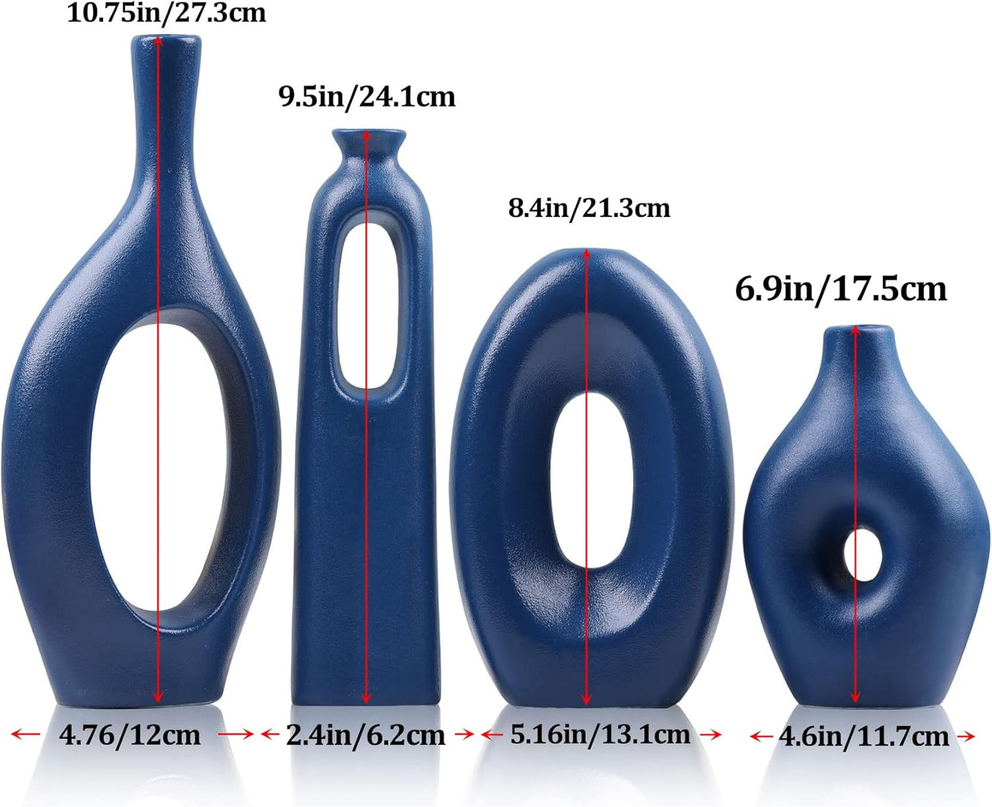 Blue Ceramic Vase Set of 4 - Round Hollow Boho Vases for Pampas Grass and Flowers Decor, Modern Minimalist Small Vases for Living Room, Bedroom, Fireplace, Coffee Table Decor and Centerpieces