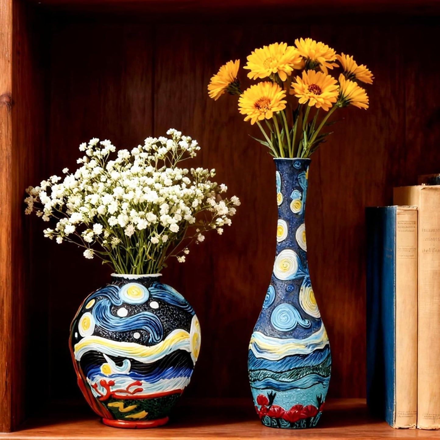 Starry Night Flower Vase Set of 2-Vases for Centerpieces & Home Decor, Handmade Boho Farmhouse Decor with Unique Hand-Painted Design,Artisan Vases for Kitchen,Bedroom, Office Table Decor