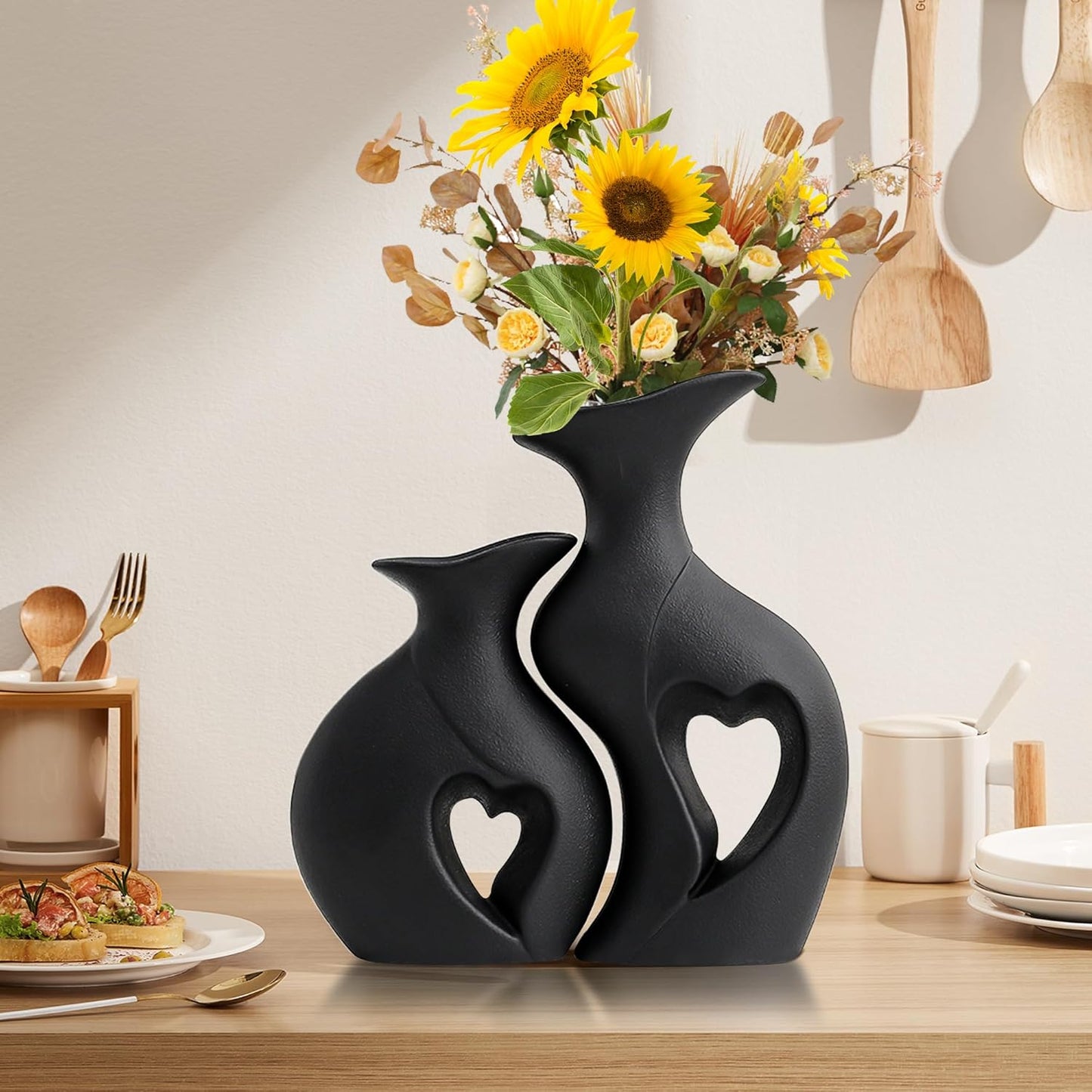 XL Black Hollow Ceramic Vase Set of 2,Minimalist Decorative Modern Vases,Heart Shaped Flower Vase for Home Decor (XL Black W 9.7" X H 10.1")