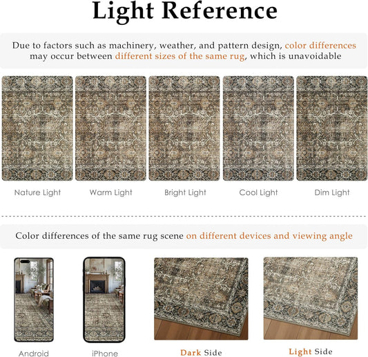 Vintage Area Rug 8x10 Brown Washable Living Room Large Carpet Non Slip Bedroom Indoor Office Low Pile Traditional Distressed Retro Accent Rug for Dining Room