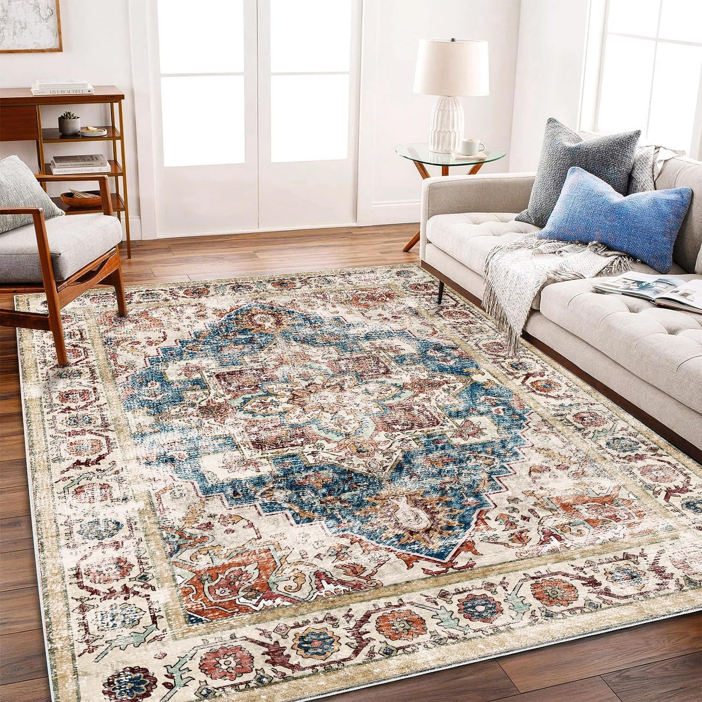 Washable Area Rug 5'x7' for Living Room Retro Beige Blue Boho Chic Medallion Distressed Design Indoor Non-Slip Large Persian Oriental Throw Rug for Kitchen Bedroom Office Carpet