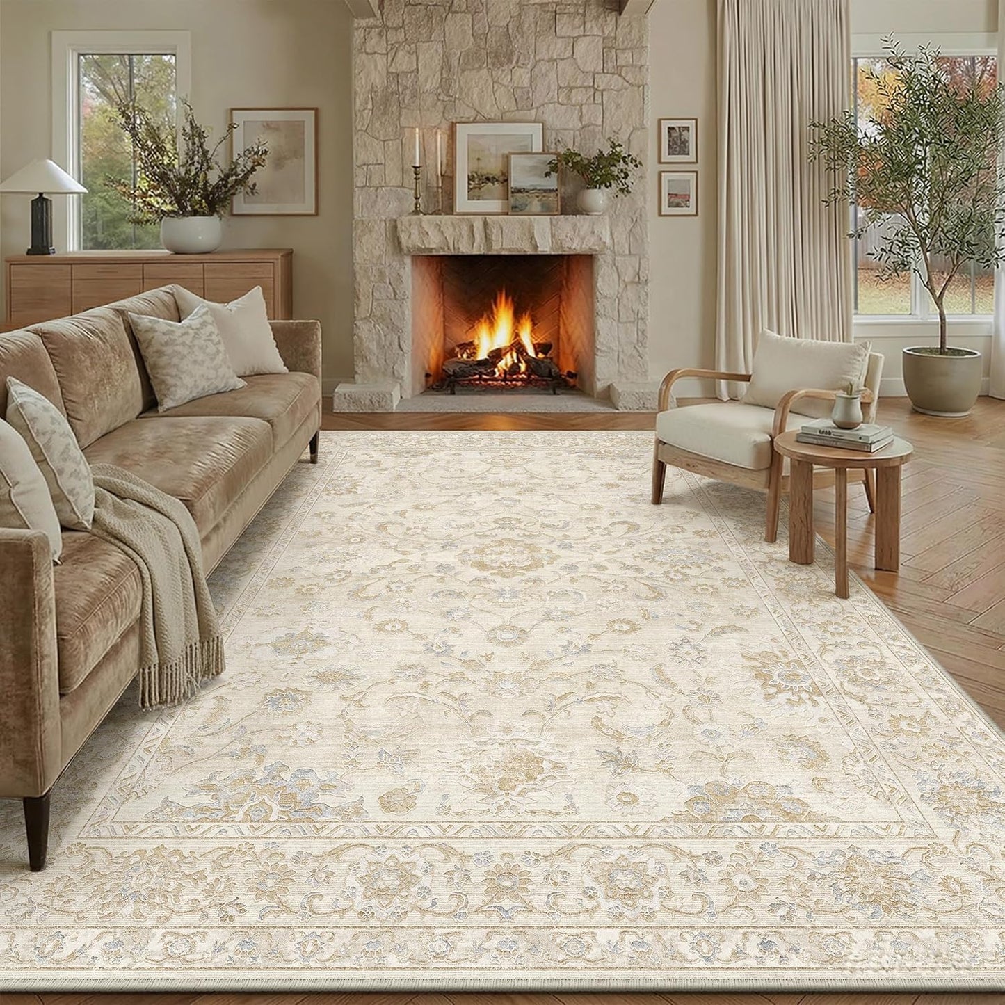 8x10 Beige Washable Area Rug for Living Room Bedroom Neutral Soft Floral Non Slip Large Throw Rug Lightweight Vintage Low Pile Distressed Carpet Office Playroom Dining Room Home Decor