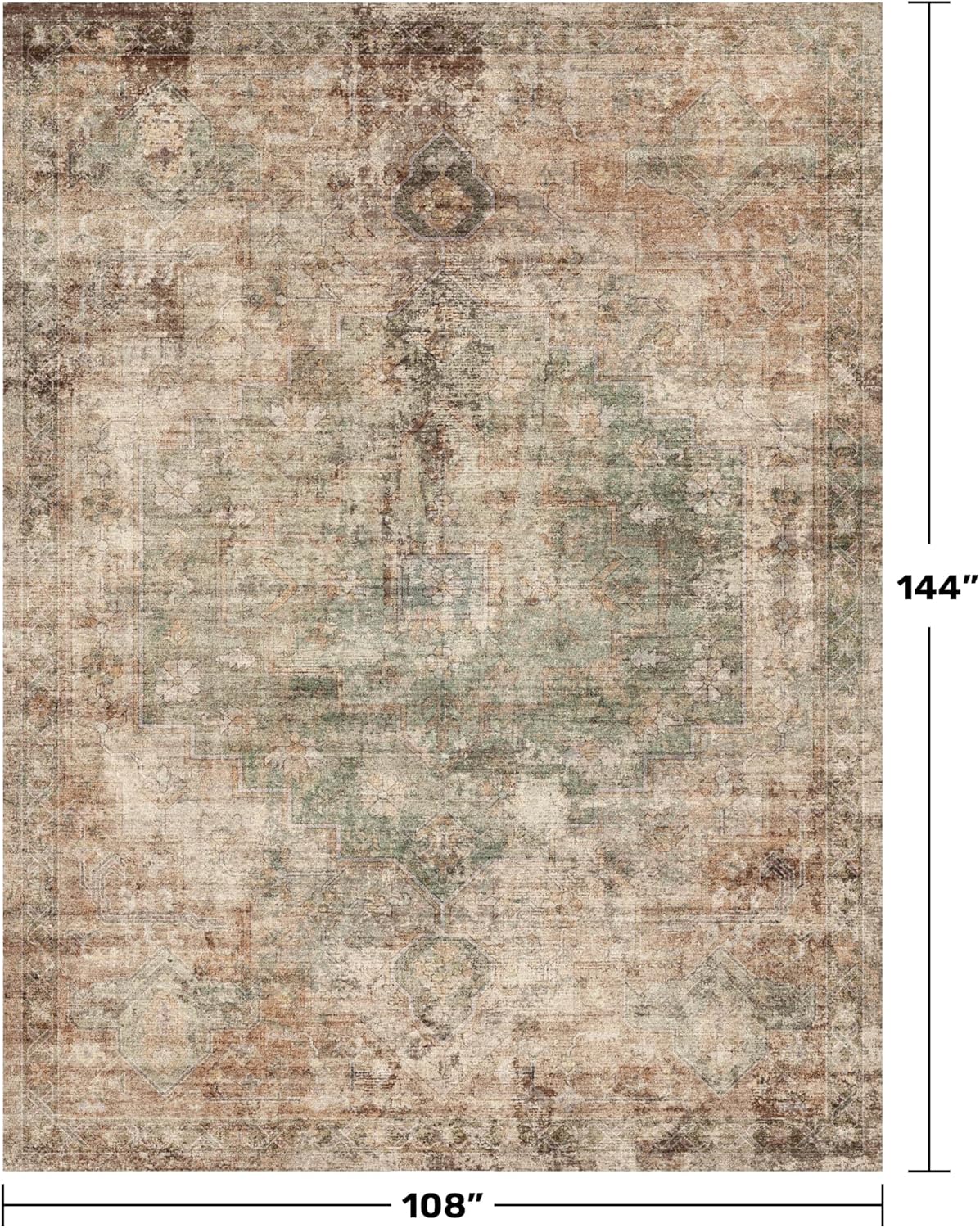 Vintage Distressed Medallion Rugs for Living Room - 9x12 Green and Brown Large Washable Rug for Bedroom, Dining Table, Ultra-Thin, Soft, Non Slip, Lightweighted Print Carpet