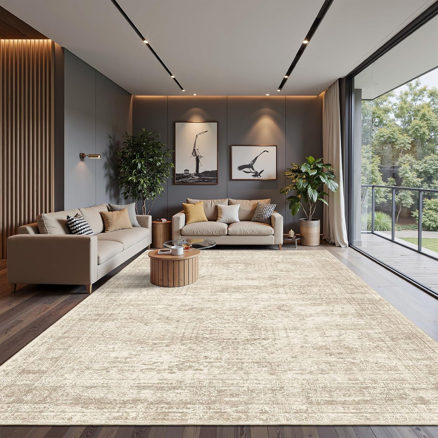 10x14 Area Rugs for Living Room, Non Slip Machine Washable Vintage Rugs, Low Pile Lightweight Large Rug for Bedroom, Dining Room, Home Office Beige