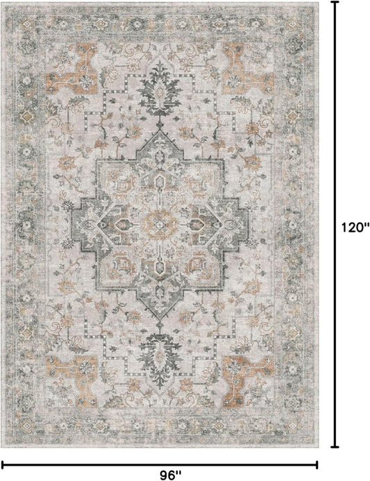 8x10 Area Rugs for Living Room, Machine Washable Non Slip Vintage Rugs, Low Pile Lightweight Chenille Print Rug for Bedroom, Dining Room, Home Office, Light Taupe Brown