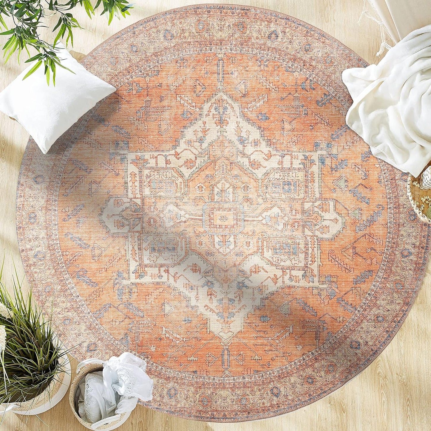 Traditional - Machine Washable Area Rug, Traditional Washable, Non Slip, Low Pile Chenille Rug, Living Room, Bedroom, Kitchen Rug (5'3" Round Burnt Orange)