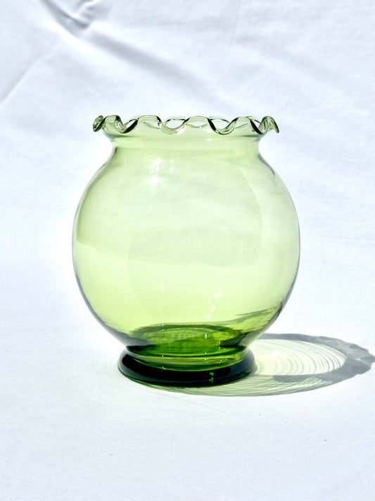 Vintage Lime Green Bubble Bowl Glass Vase W/Ruffled Edges