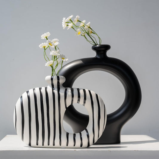 Donut Vases Set of 2,Black & White Striped Hollow Ceramic Flower Vases,Modern Nordic Minimalist Round Decorative Vase for Pampas Grass,Dried Flowers,Living Room,Table Centerpiece & Home Decor