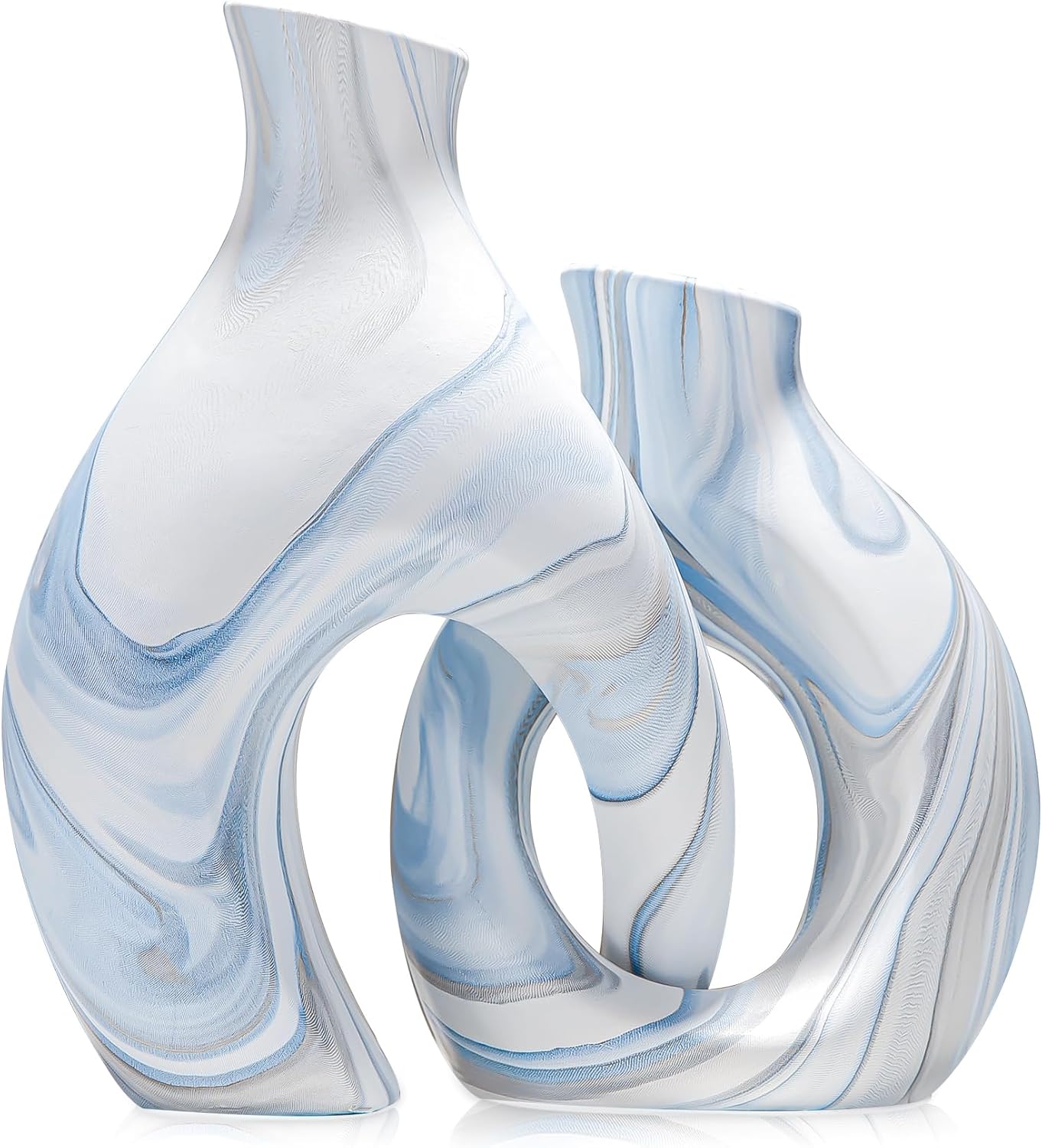 Blue Vases Set of 2, Modern Boho Vases for Flowers, Nordic White vases for Table Centerpieces,  Hollow Vase Ceramic Decoration for Living Room, Coastal Decor for Coffee Table Shelf
