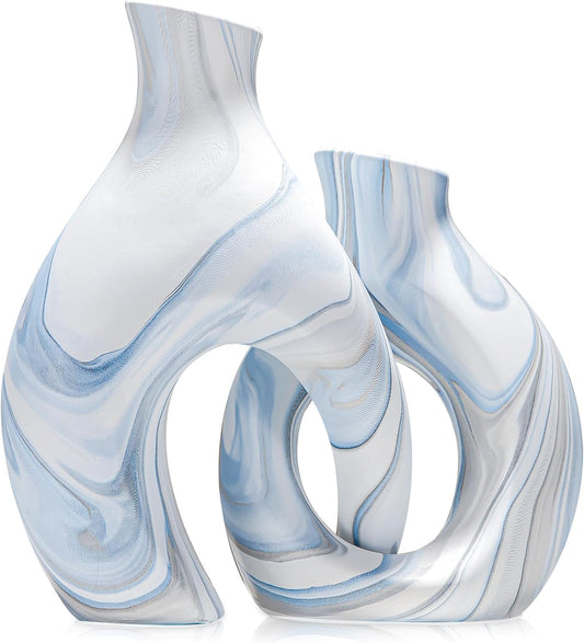 Blue Vases Set of 2, Modern Boho Vases for Flowers, Nordic White vases for Table Centerpieces,  Hollow Vase Ceramic Decoration for Living Room, Coastal Decor for Coffee Table Shelf