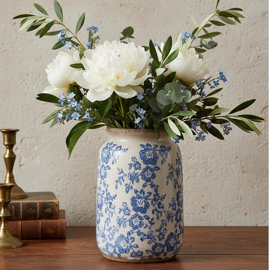 Vintage Blue and White Chinoiserie Ceramic Vase, 6.9” Hand-Painted Peony Floral Design, Antique Style Vases for Home Decor, Centerpieces, Living Room, Balcony