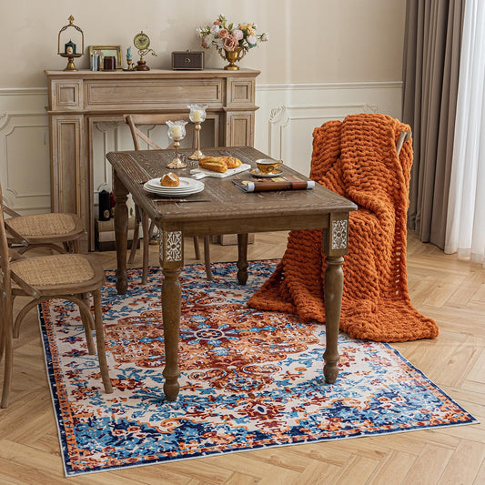 2'6"x8' Boho Runner Rug - Non Skid Washable Low Pile Hallway Carpet, Non-Shedding Persian Style Rug for Kitchen & Entryway, Fiery Red Multi Distressed Print, Foldable