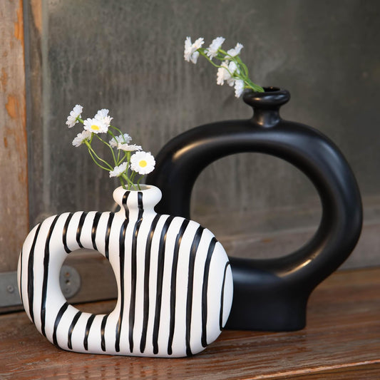 Donut Vases Set of 2,Black & White Striped Hollow Ceramic Flower Vases,Modern Nordic Minimalist Round Decorative Vase for Pampas Grass,Dried Flowers,Living Room,Table Centerpiece & Home Decor