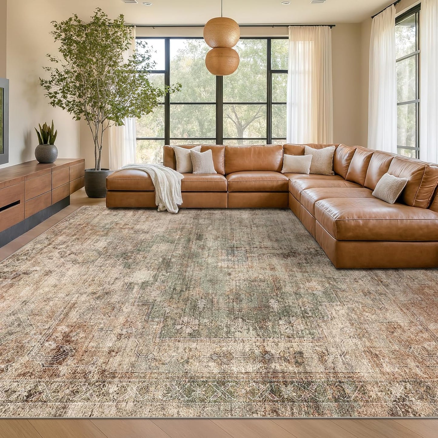 Vintage Distressed Medallion Rugs for Living Room - 9x12 Green and Brown Large Washable Rug for Bedroom, Dining Table, Ultra-Thin, Soft, Non Slip, Lightweighted Print Carpet