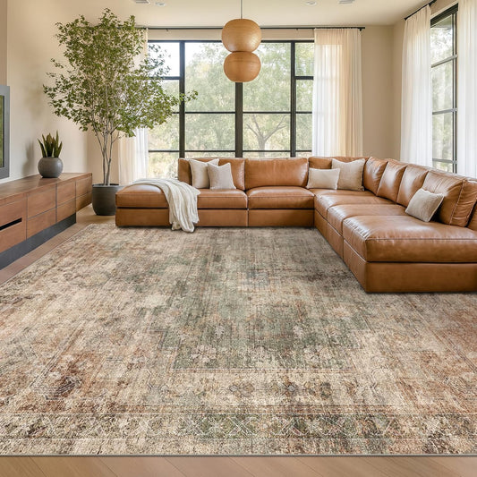 Vintage Distressed Medallion Rugs for Living Room - 9x12 Green and Brown Large Washable Rug for Bedroom, Dining Table, Ultra-Thin, Soft, Non Slip, Lightweighted Print Carpet