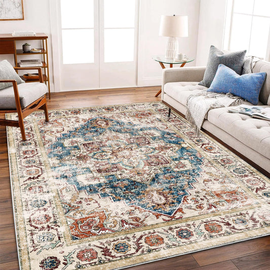 Washable Area Rug 5'x7' for Living Room Retro Beige Blue Boho Chic Medallion Distressed Design Indoor Non-Slip Large Persian Oriental  Throw Rug for Kitchen Bedroom Office Carpet