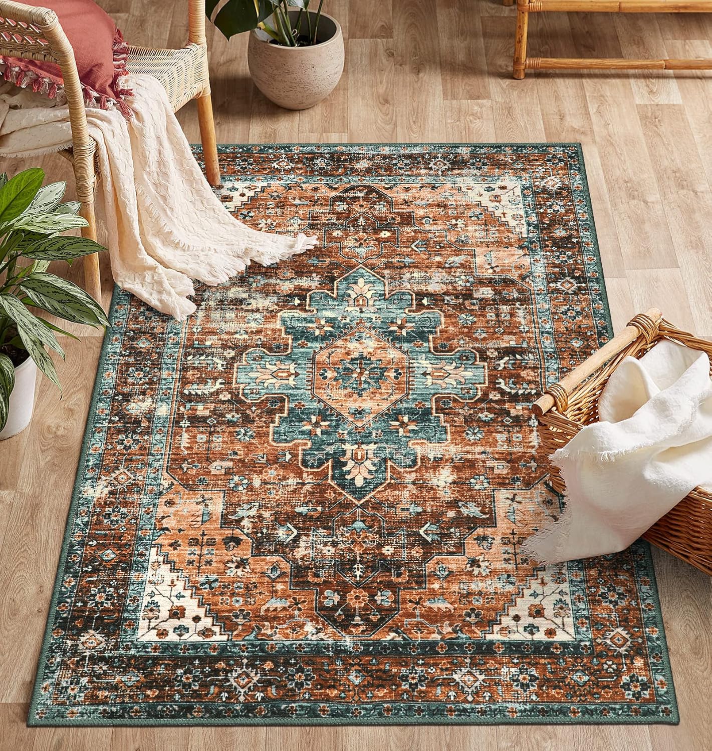 Ultra-Thin Washable Vintage Area Rug - 3x5 Boho Non-Slip Entryway Rug Oriental Medallion Living Room Rug Entrance Mat Carpet for Kitchen Laundry Bathroom Bedroom, Brick Red/Dull Teal