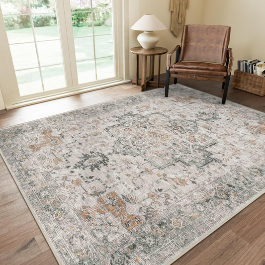 8x10 Area Rugs for Living Room, Machine Washable Non Slip Vintage Rugs, Low Pile Lightweight Chenille Print Rug for Bedroom, Dining Room, Home Office, Light Taupe Brown