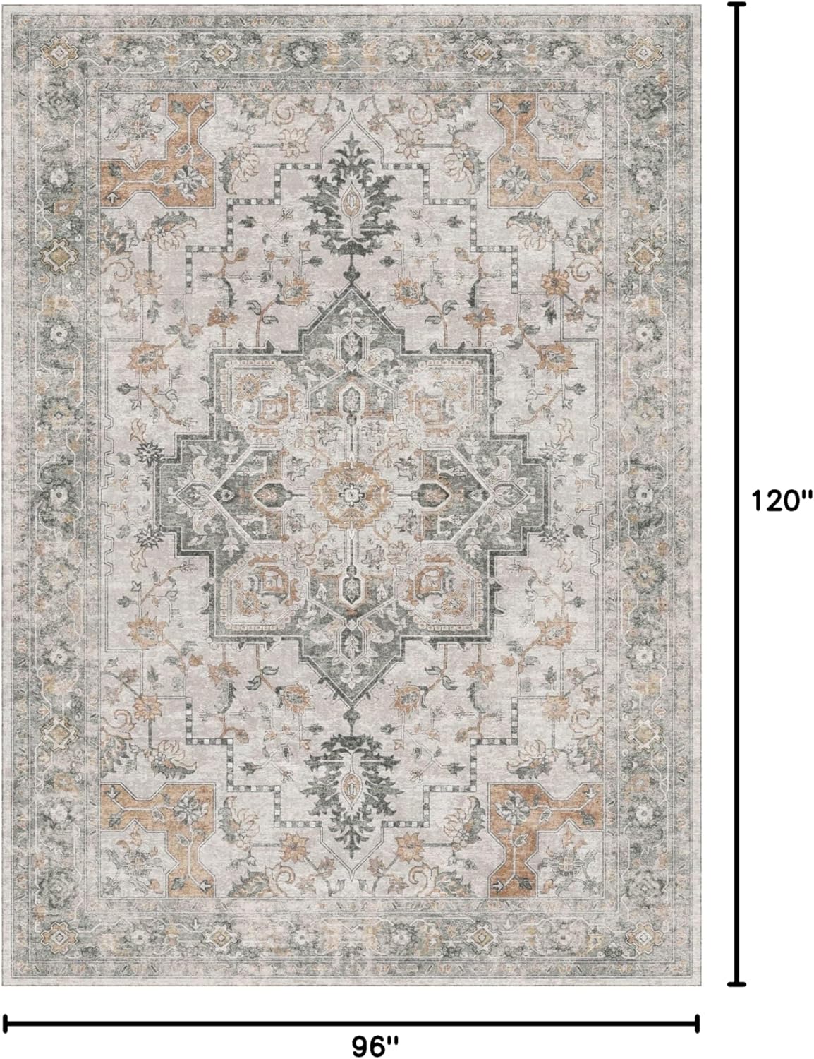 8x10 Area Rugs for Living Room, Machine Washable Non Slip Vintage Rugs, Low Pile Lightweight Chenille Print Rug for Bedroom, Dining Room, Home Office, Light Taupe Brown